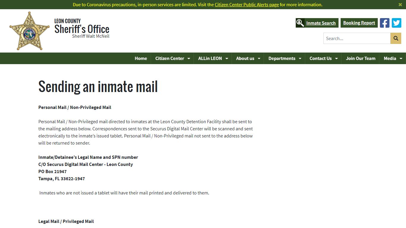 Sending an inmate mail - Leon County Sheriff's Office